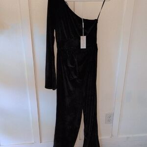 Petal & Pup Black Velvet One-Shoulder Jumpsuit